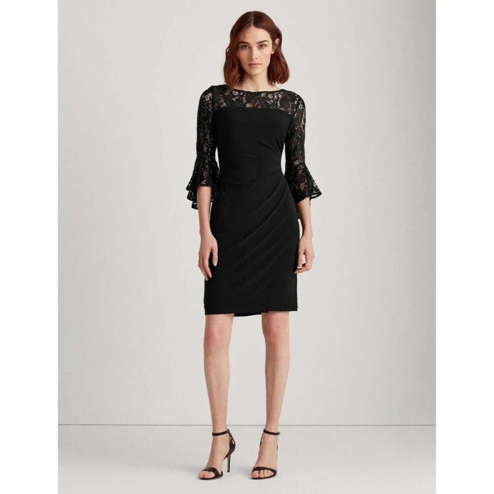 Lauren Ralph Lauren Sandara Dress 12 Black Knee Length Party Occasion Lace 3/4
